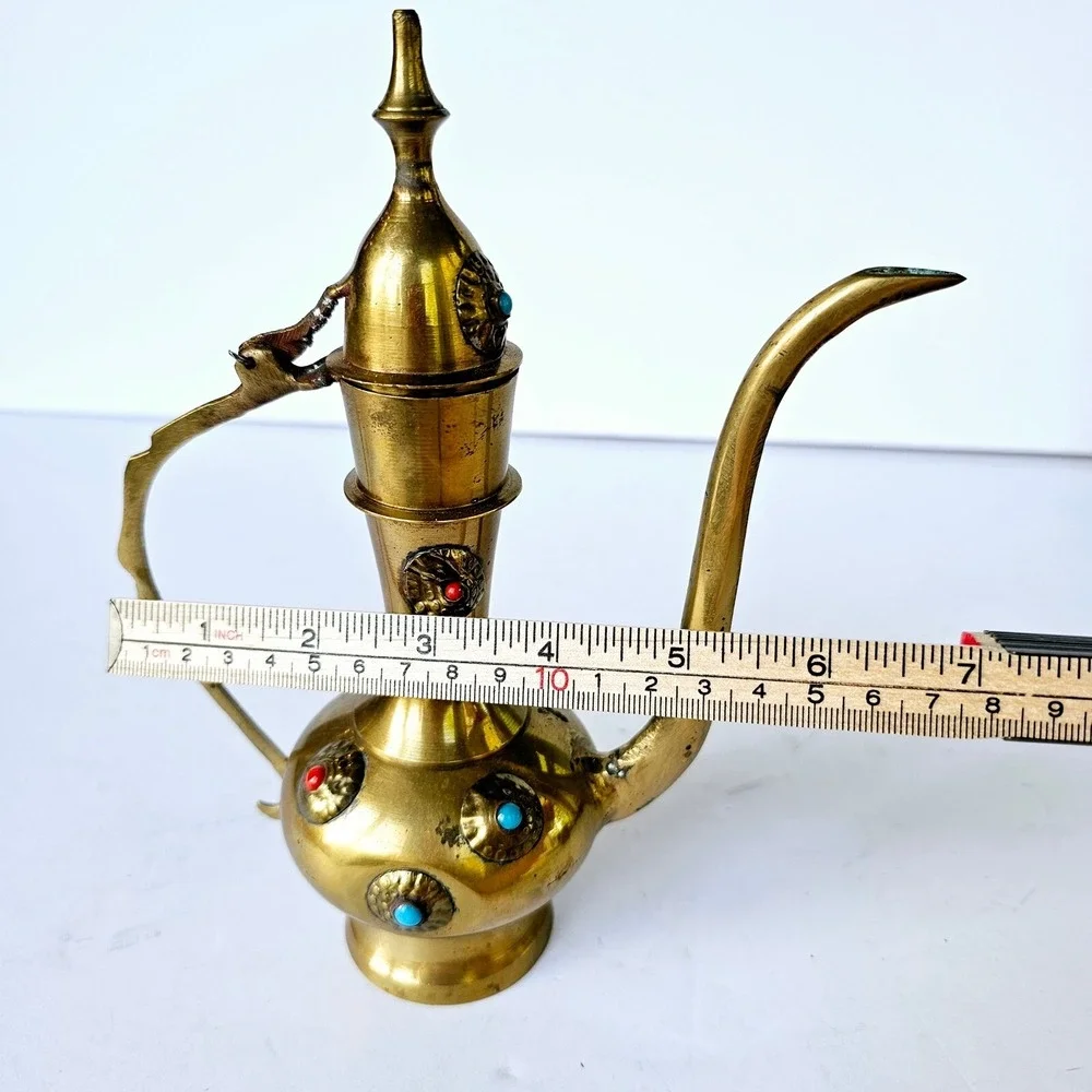 Vintage Brass Dallah Coffee Pot Turquoise Coral Accents Middle Eastern Decor 8in